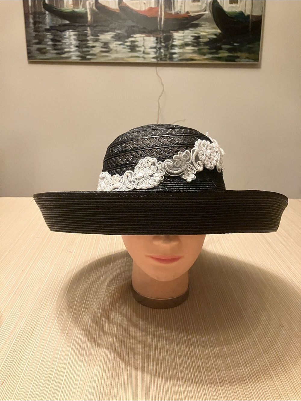 Black Wide-Brim Women's Hat with White Lace Sequined Floral Band